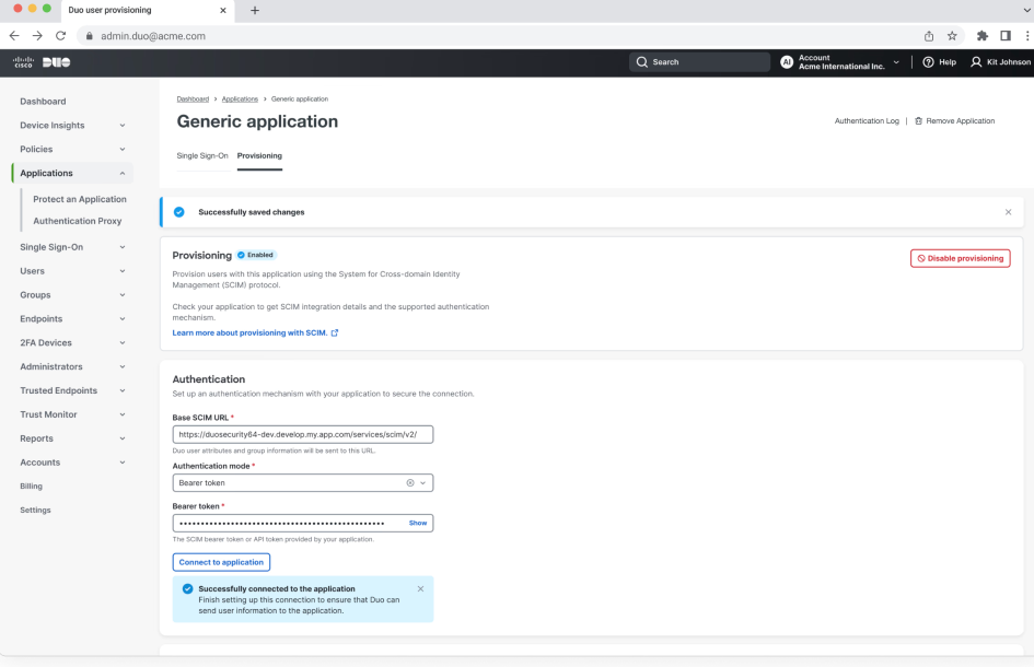 Duo admin UI — provisioning settings
